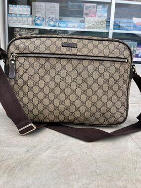 Gucci Brown/Beige GG Monogram Messenger Bag with Adjustable Strap